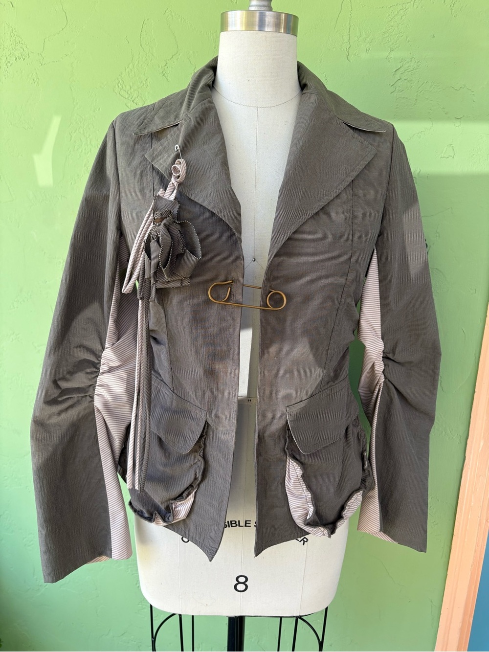 Hazel Victorian Style jacket in tan, grey and cream, with cool sleeve stripped i